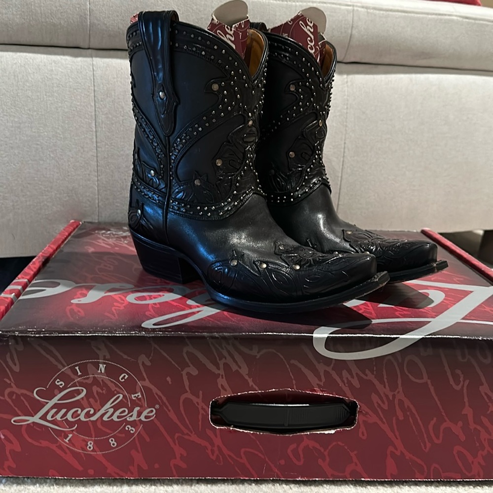 Womens Lucchese Black Tooled Petal 8” Bootie 6.5 B Cowboy Boots LN